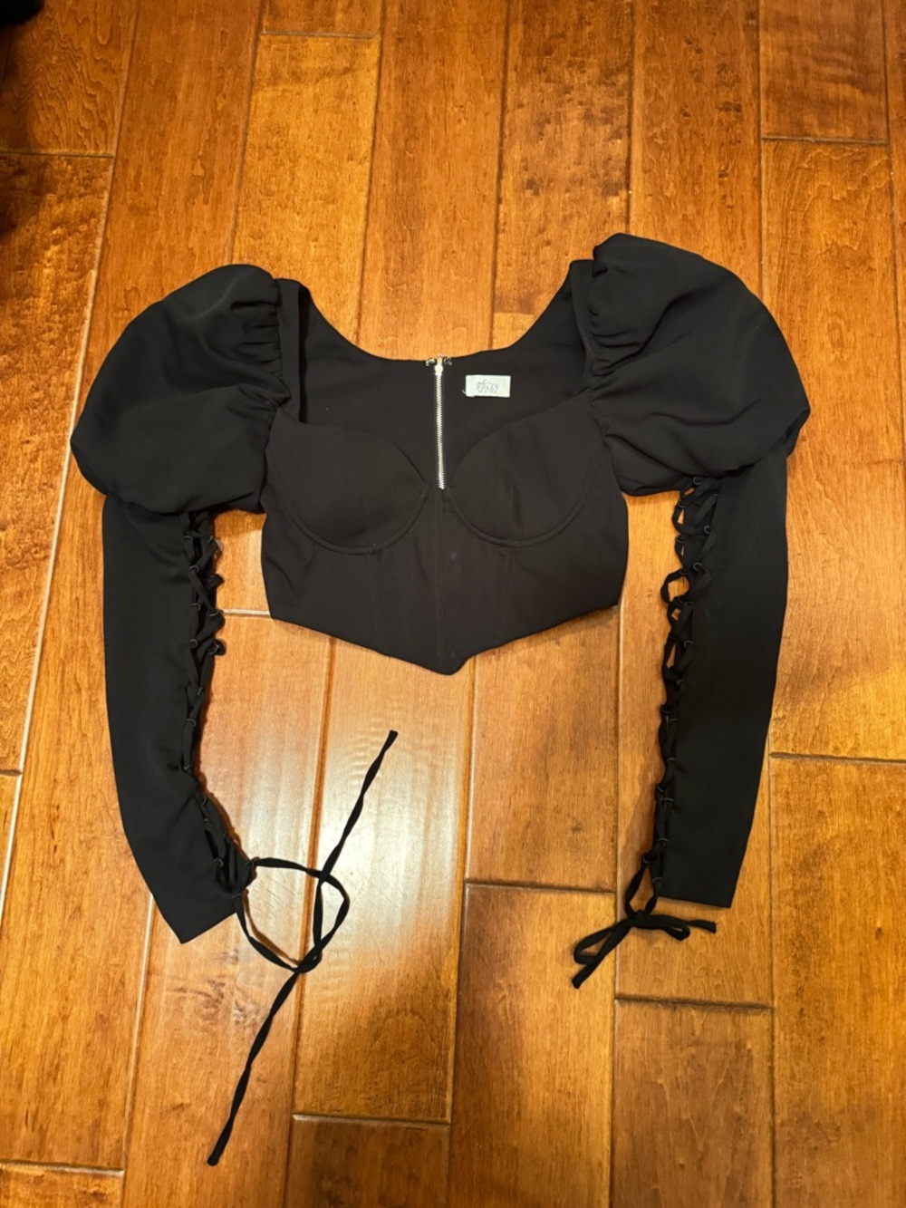 Oh Polly Black Puff-Sleeve Lace-Up Crop Top